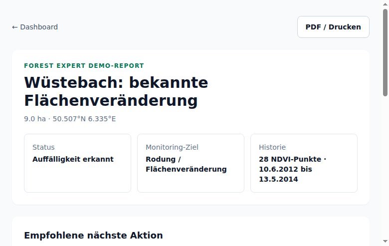 Forest Expert Demo-Report mit historischer NDVI-Punktzahl für Wüstebach
